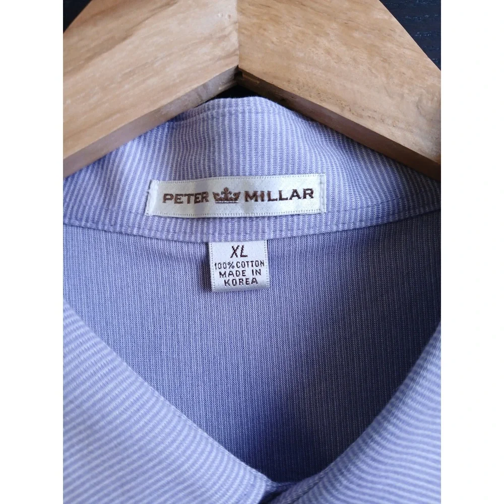 Peter Millar Mens XL Purple White Micro Stripe Cotton Polo Shirt Troon Golf Logo